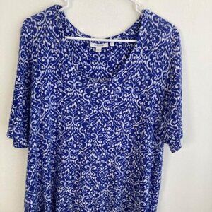 Chicos Woman's Top Sz 2 Short Sleeve Blue White Short Sleeves 100% Linen T terr2
